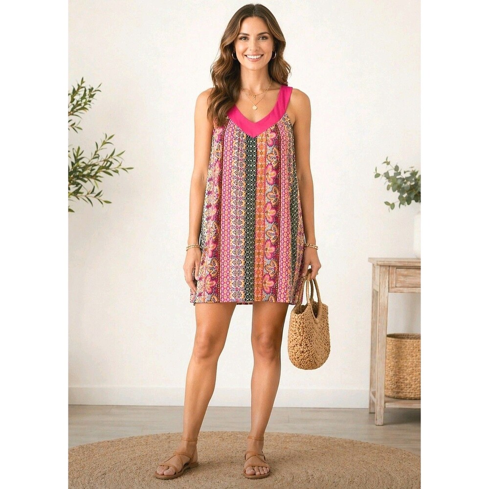 Rose & Olive Boho Geometric Floral Shift Dress Pink Multicolor Cutout Back Small